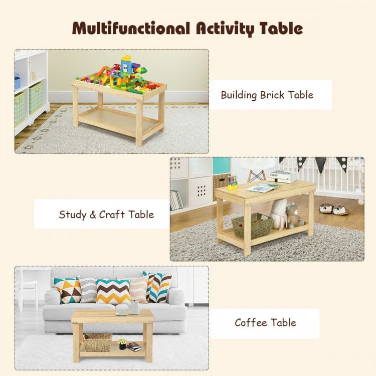 Natural pine wood kids activity table with removable top, ideal for building blocks, learning, and storage.