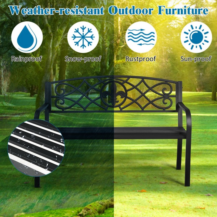 50-inch heavy-duty metal garden bench with modern backrest, weather-resistant design for outdoor use in various.