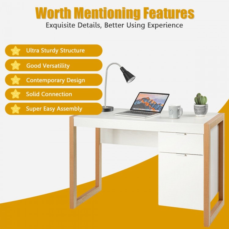 Modern white computer desk showcasing a spacious tabletop, ideal for laptops and office essentials, enhancing.