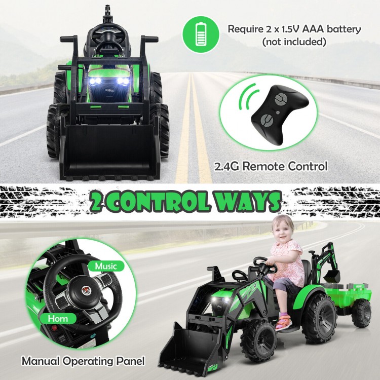 Kids ride-on excavator in green with shovel bucket and remote control, perfect for outdoor fun and learning.
