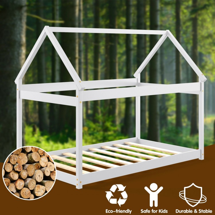 Stable kids platform floor bed with roof in white, featuring heavy-duty slats for durability and stability.