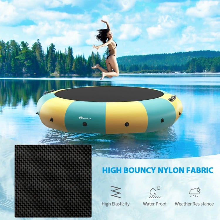 Inflatable 15 feet water bouncer trampoline in yellow, made of nylon and PVC, ideal for water sports and sunbathing.