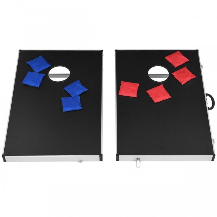 Foldable cornhole set featuring two sturdy game boards with red and blue sandbags, ideal for outdoor fun.