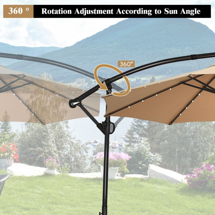 360° rotation feature of the 10 ft solar-powered LED patio offset umbrella with beige canopy for optimal sun coverage.