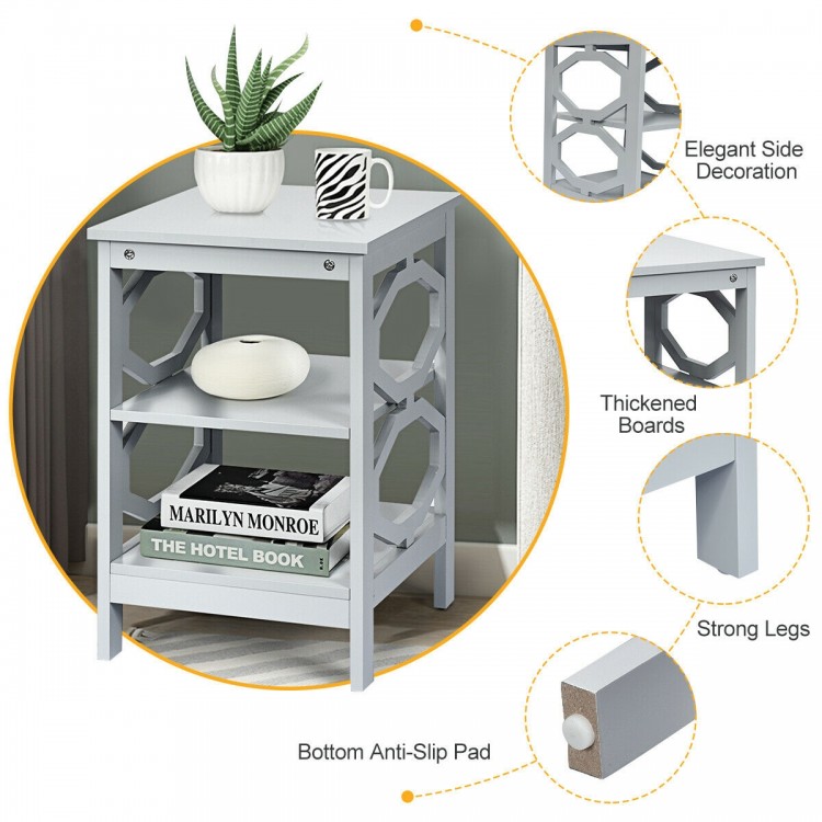 Gray 3-tier nightstand with elegant design, open compartments, and strong legs, perfect for living room or bedroom.