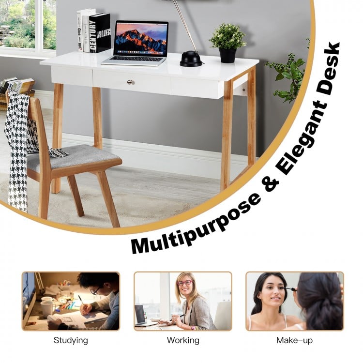 Elegant computer desk with rubberwood legs, spacious surface, and a large drawer, perfect for studying or working.