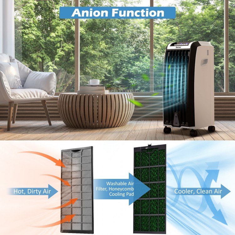 Portable evaporative air cooler with honeycomb cooling pad, remote control, and 3 wind modes for home or office use.