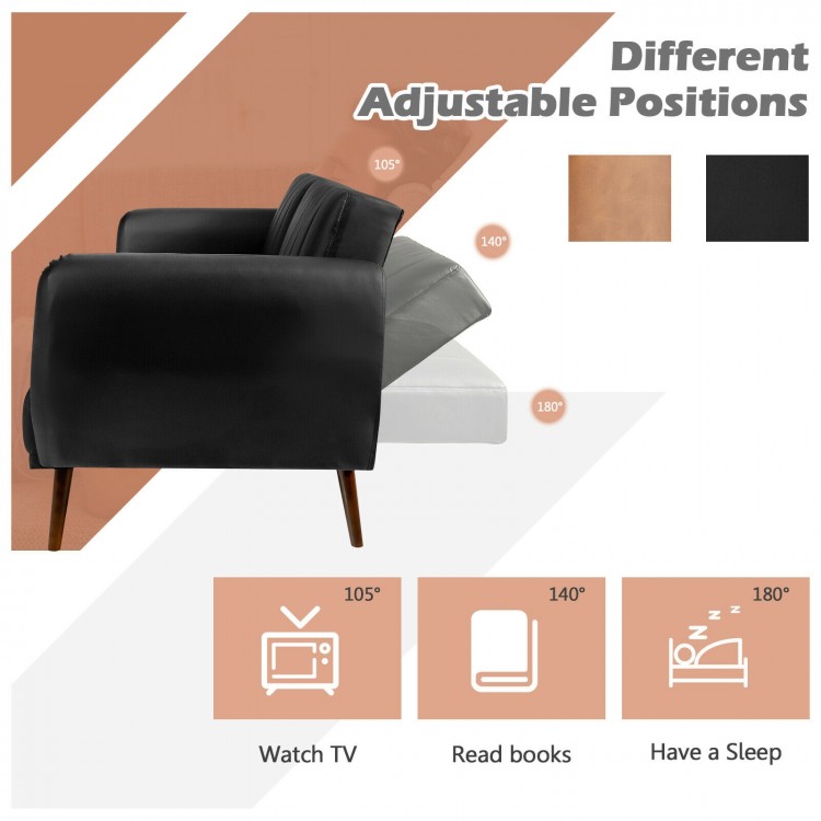 Adjustable backrest of the black 3-seat convertible sofa bed in 105-degree position, perfect for small apartments.