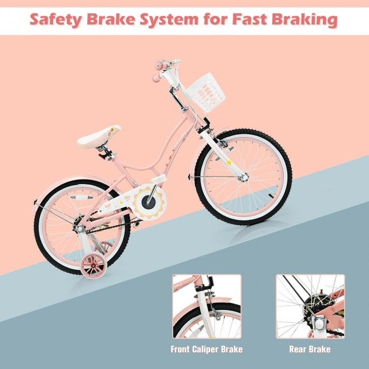 Adjustable 18-inch pink kids bike with training wheels, front caliper brake, and removable basket for safety and.