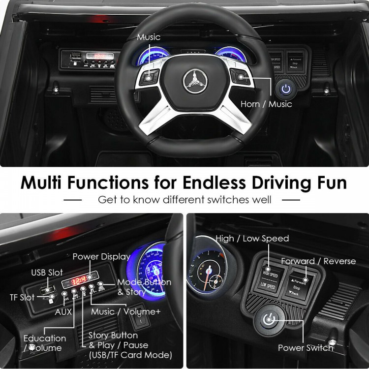 Detailed view of the steering wheel controls for the 12V Licensed Mercedes-Benz Kids Ride On Car, featuring music and.