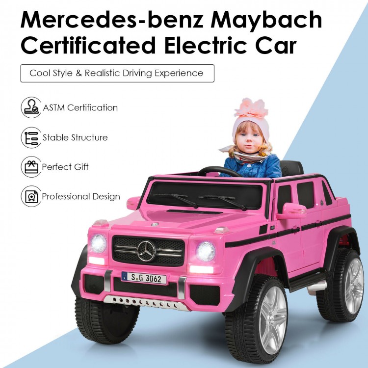 Licensed pink Mercedes-Benz Maybach kids ride-on car with remote control, LED lights, and spring suspension for smooth.