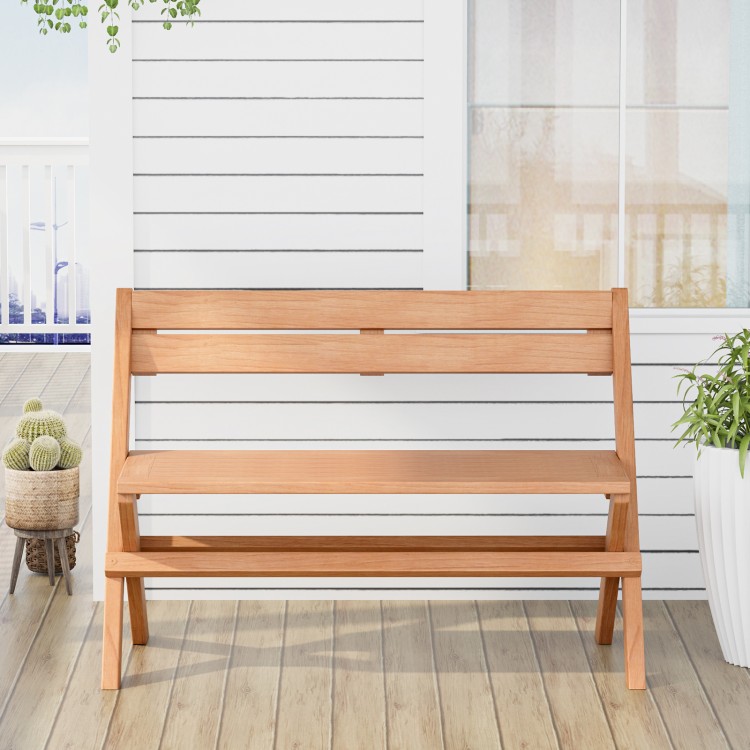 Teak wood folding outdoor bench with slatted seat, 41.5" wide for two, ideal for backyard or poolside use.
