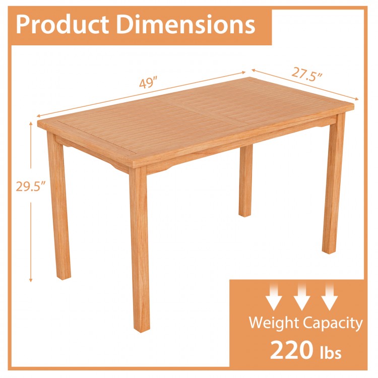 49-inch rectangle patio dining table made of teak wood, slatted tabletop, seats 6, ideal for backyard or poolside use.