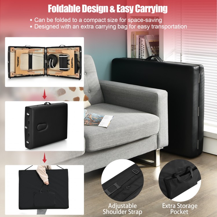 Portable black massage table with adjustable backrest, foldable design, and carrying bag for easy transport and storage.