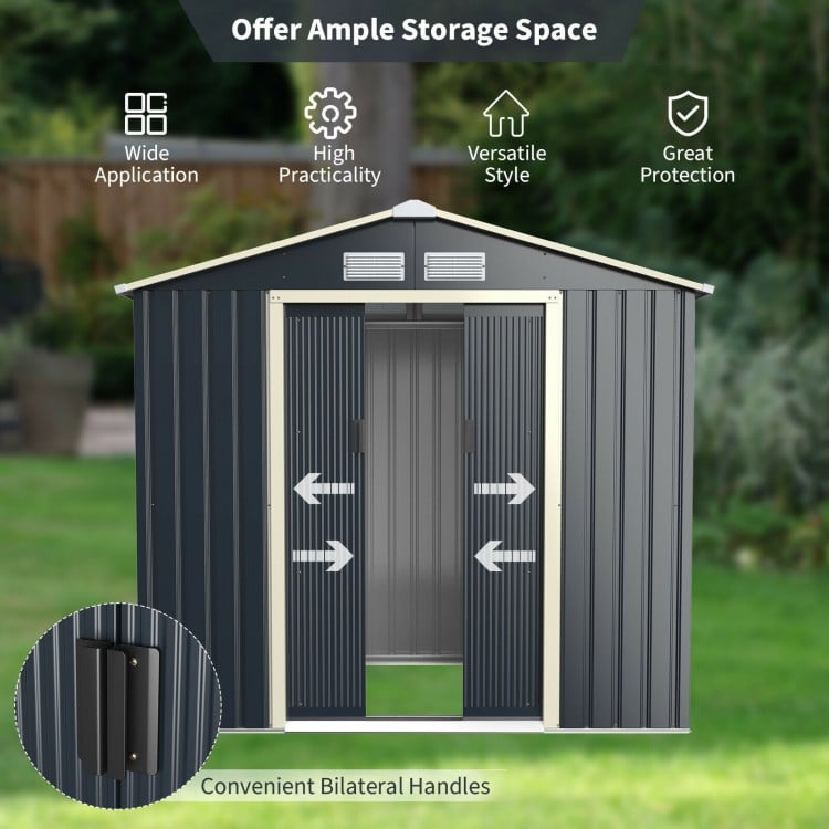 Gray 7x4 feet metal storage shed with sliding double lockable doors, featuring ample storage space and durable steel.