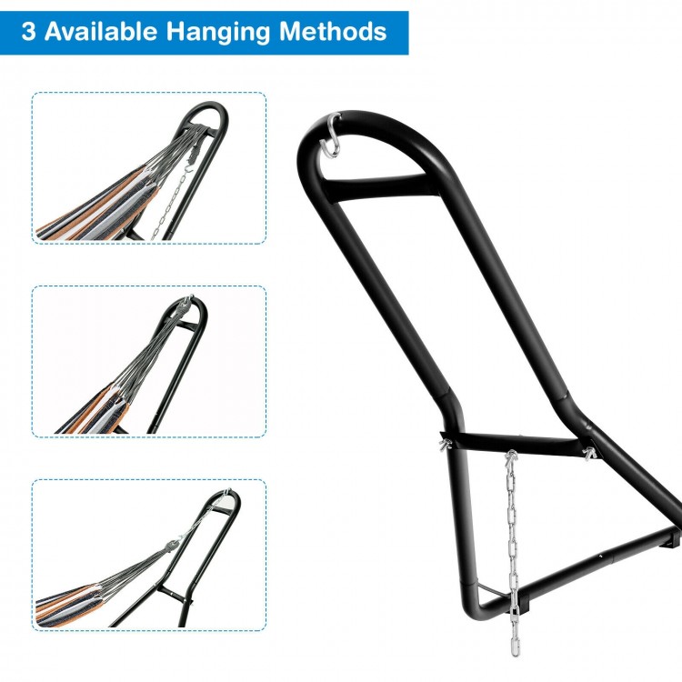 Hammock frame showing three hanging methods with heavy-duty steel construction for indoor and outdoor use.