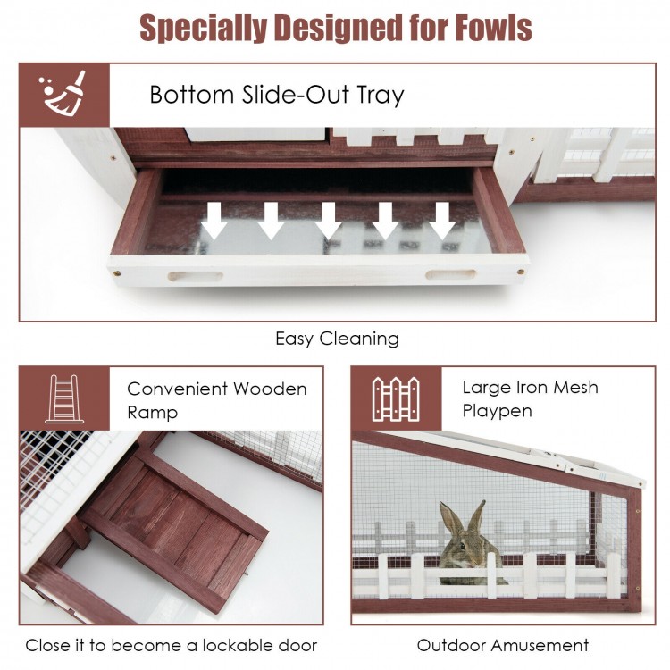 Wooden rabbit hutch with pull-out tray, iron wire protection, and convenient ramp for easy access and outdoor use.