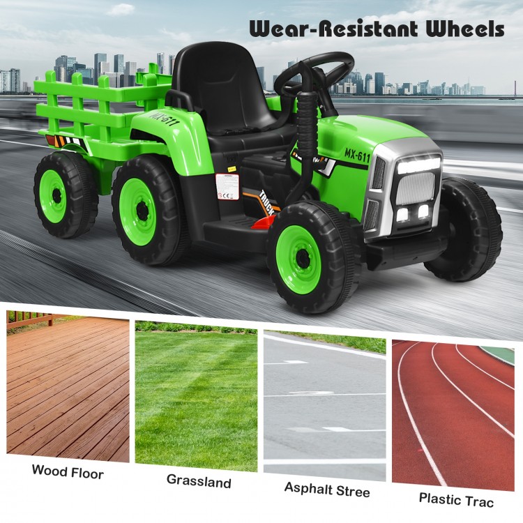 Green 12V ride-on tractor with detachable trailer, wear-resistant wheels, for kids 3+ years, ideal for outdoor fun.