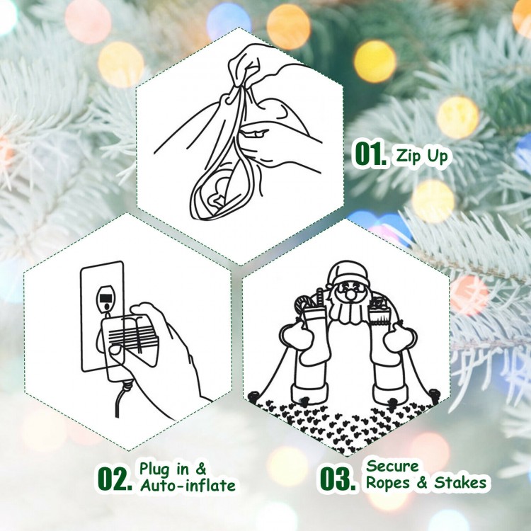 Instructions for setting up the 6.5 feet Christmas inflatable Santa riding a polar bear with LED lights and stability.