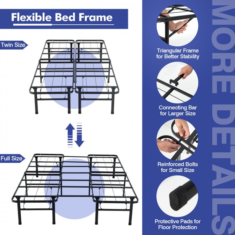 Folding steel platform bed frame with triangular design, connecting bars for full/king size, and protective floor pads.