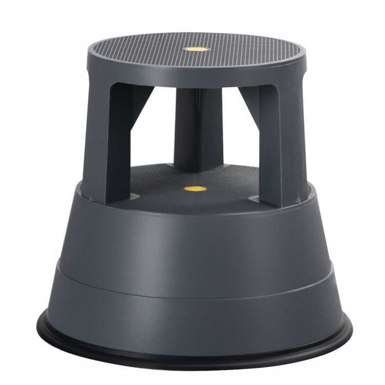 Heavy-duty 330 lbs step stool with non-slip rubber platform and retractable wheels for easy mobility on hard floors.