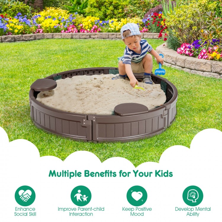 Brown sandbox with built-in corner seats, weather-resistant HDPE, and dust-proof cover for outdoor play and creativity.