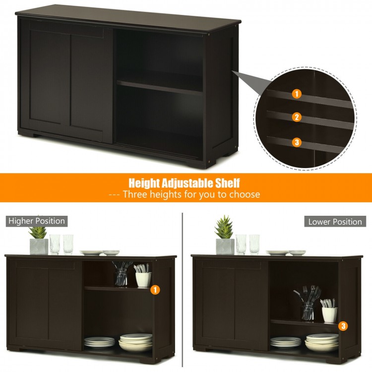 Kitchen storage cabinet with wood sliding doors, featuring height-adjustable shelves and a spacious top for display.