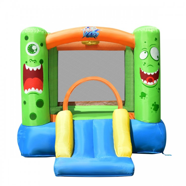 Bright inflatable castle bounce house with slide, made of durable oxford material, perfect for kids' outdoor play.