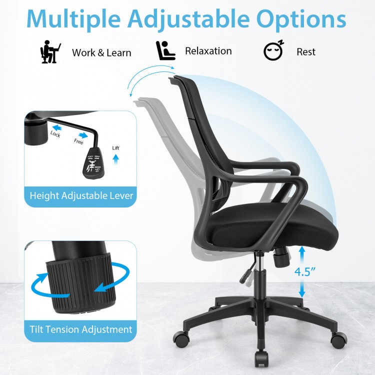 Modern black mesh chair featuring a curved backrest, adjustable height, and tilt tension for ergonomic comfort.
