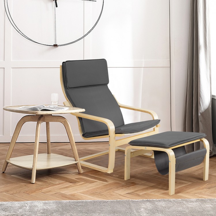 Gray Relax Bentwood Lounge Chair set with ottoman and magazine rack, featuring a natural wood frame for stylish comfort.
