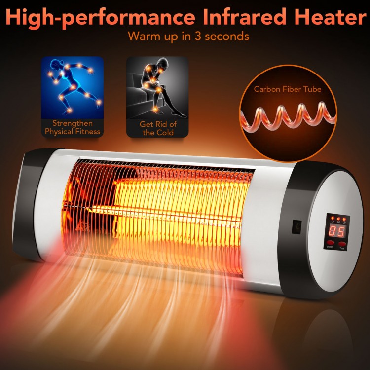 Wall-mounted 1500W infrared heater with carbon fiber tube, remote control, and adjustable angle for outdoor warmth.