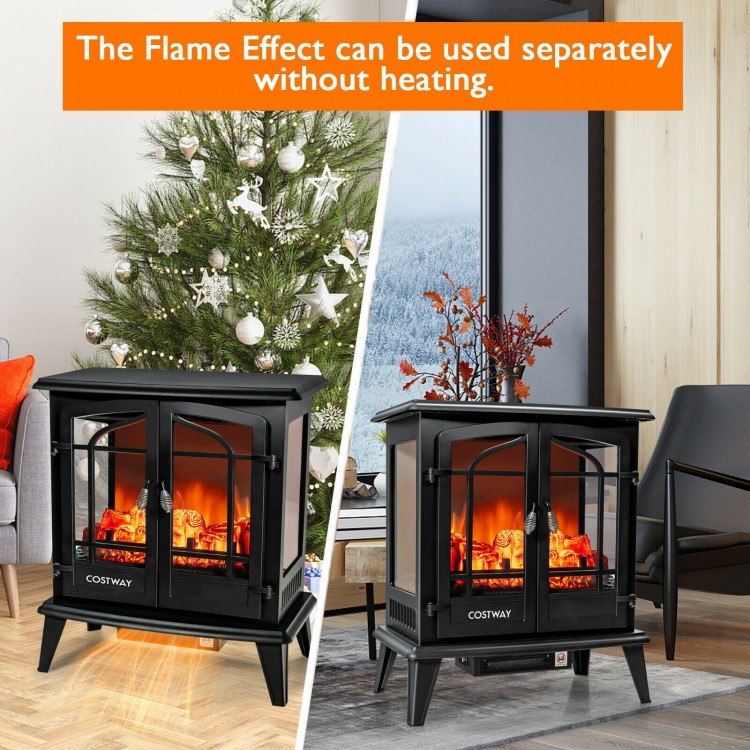 Freestanding black electric fireplace heater with realistic flame effect, adjustable temperature, perfect for cozy.