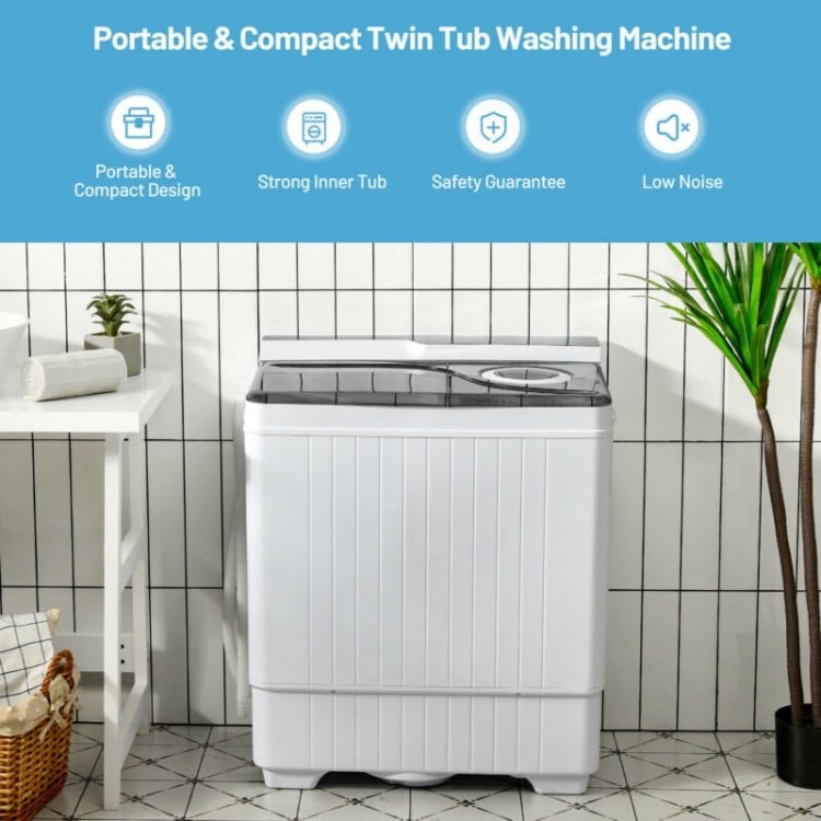 Compact 26-pound portable washing machine in gray with built-in drain pump, ideal for apartments and dormitories.