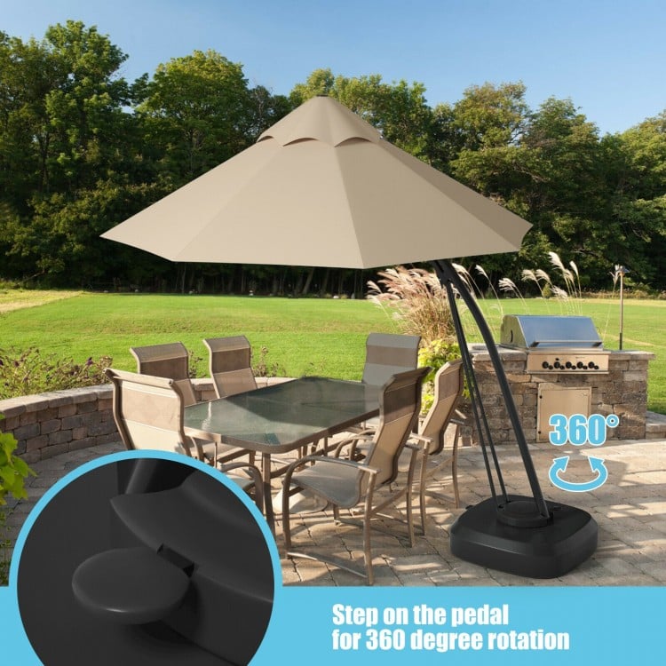 11 feet beige outdoor cantilever umbrella with a durable aluminum frame, 360-degree rotation, and wheels for easy.