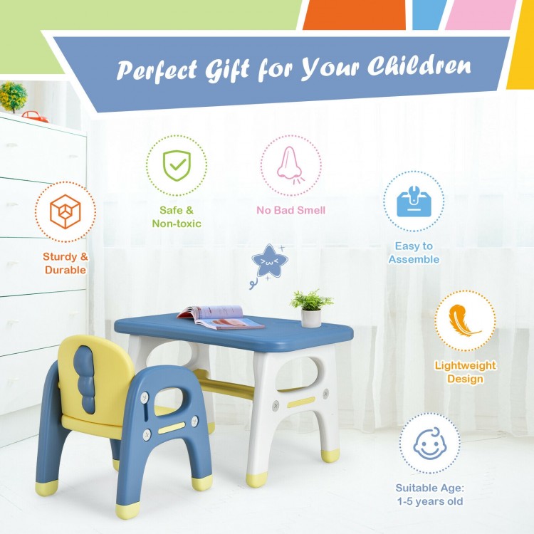 Kids activity table and chair set in blue with dinosaur design, perfect for preschool use and easy to assemble.