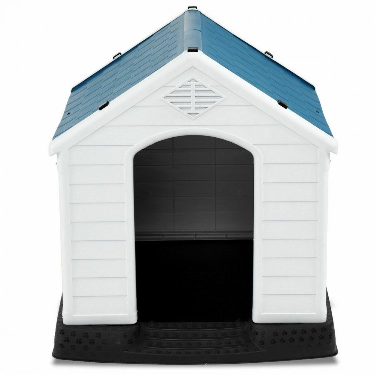 Durable plastic waterproof pet house with a blue roof, providing a safe and comfortable shelter for dogs outdoors.