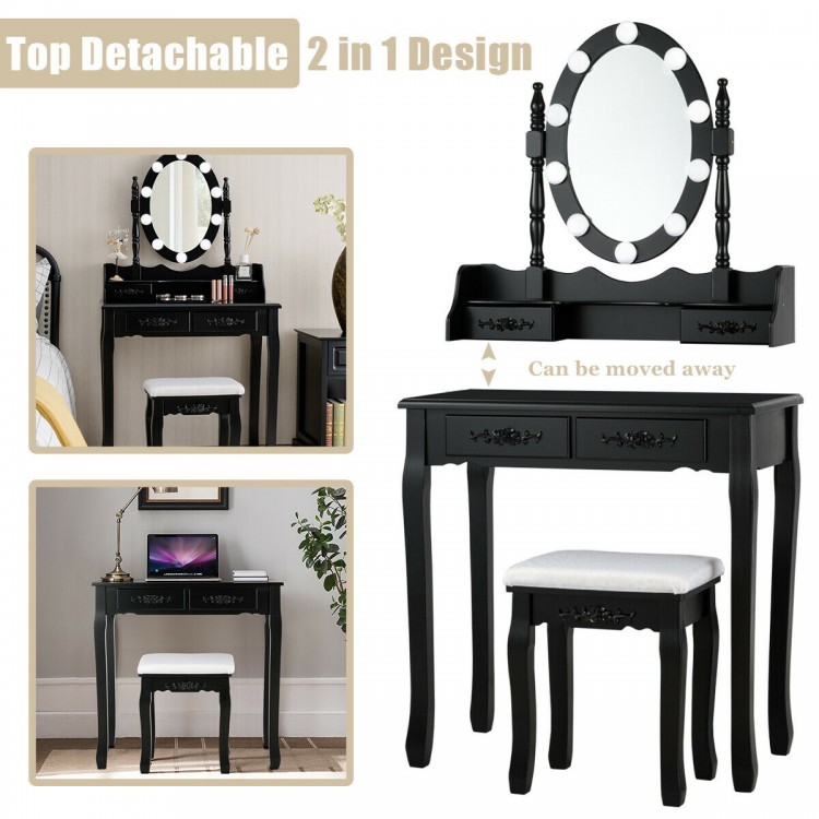 Detachable top design of black makeup dressing table with lighted mirror and cushioned stool, perfect for versatile use.