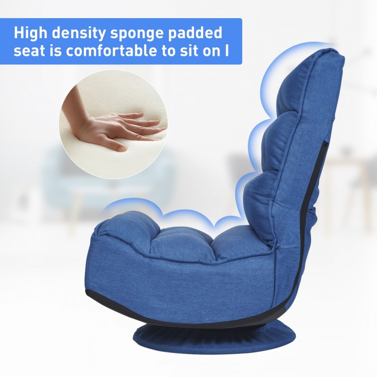 Navy 5-position folding floor gaming chair with high-density sponge padding for comfort and 360-degree swivel base.