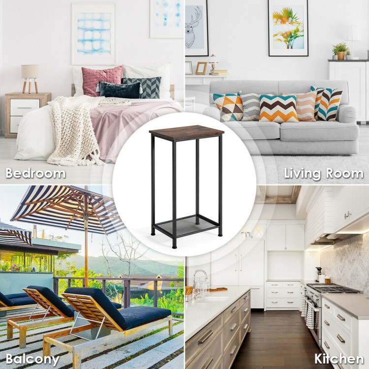 2-tier industrial end table with metal mesh shelves, featuring a rustic top and sturdy steel frame for versatile.