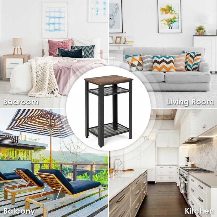 3-Tier industrial end table with metal mesh storage shelves, featuring a rustic top and heavy-duty steel frame for.