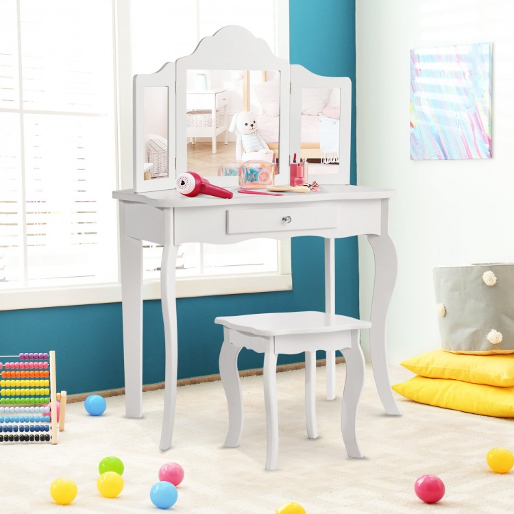 Mini makeup dressing vanity table set in white with foldable mirror and stool, perfect for kids' rooms or activities.