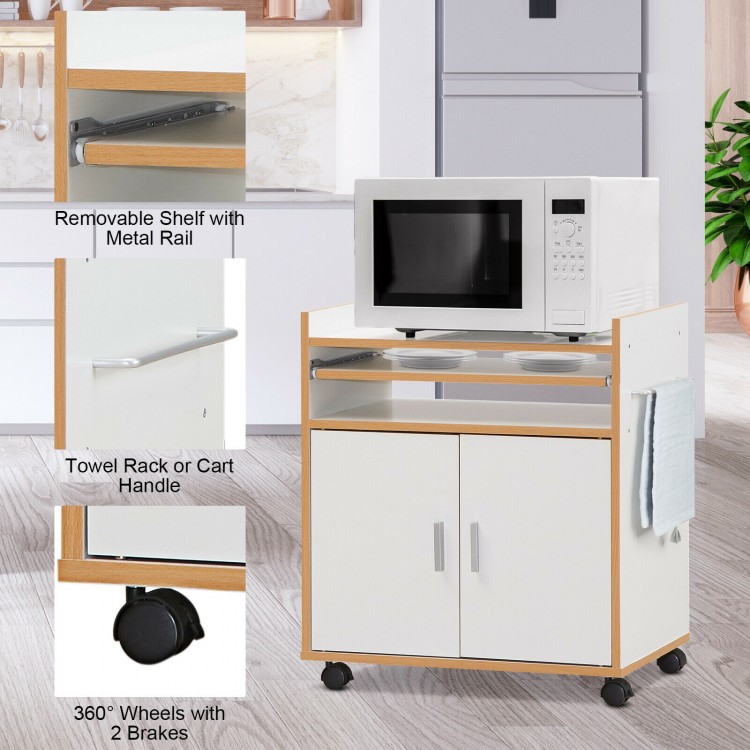 Rolling kitchen island cart with removable shelf, towel rack, and 360° wheels for easy mobility and added storage.