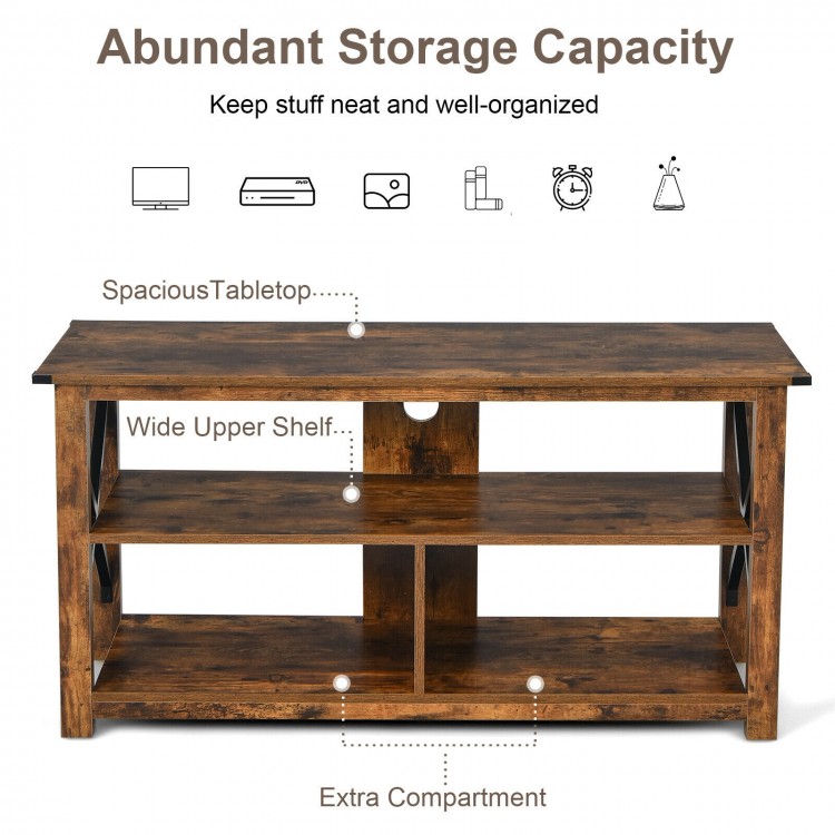Modern farmhouse TV stand with open shelves, accommodating TVs up to 55 inches, perfect for living room or bedroom use.