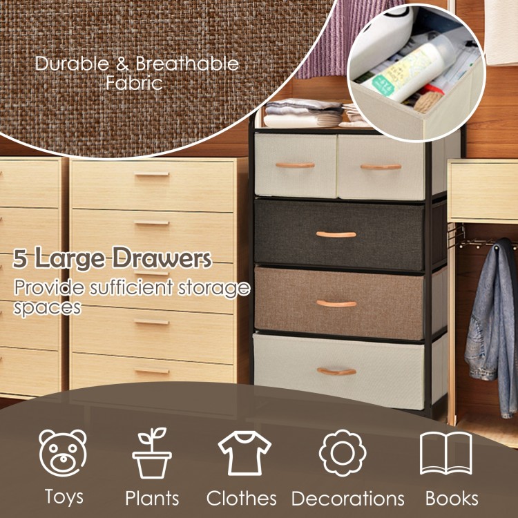 5-drawer dresser with a steel frame and wooden top, featuring durable fabric drawers for versatile storage solutions.
