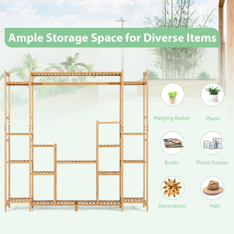 9-tier bamboo plant stand with hanging rack, featuring hollowed shelves for drainage, ideal for living room or garden.