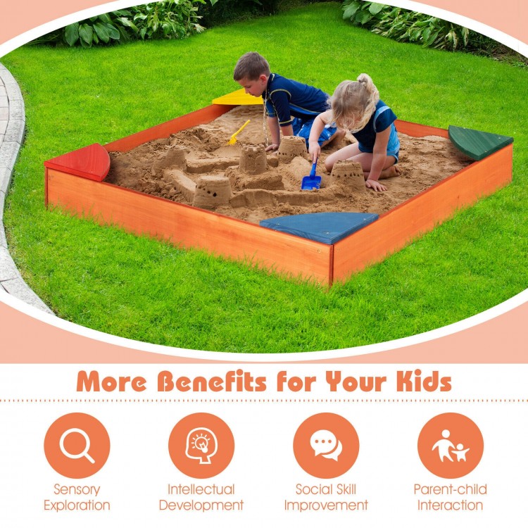 Kids outdoor wooden sandbox with built-in corner seating, made of cedar and pine, perfect for sensory exploration and.