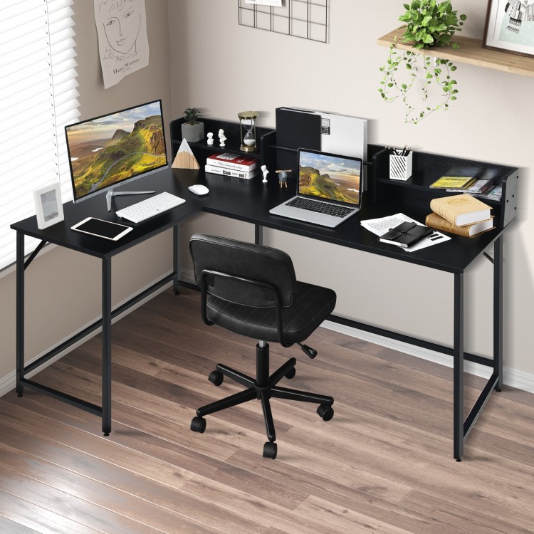 L-shaped black computer desk featuring a minimalist design, adjustable foot pads, and ample storage for a tidy.