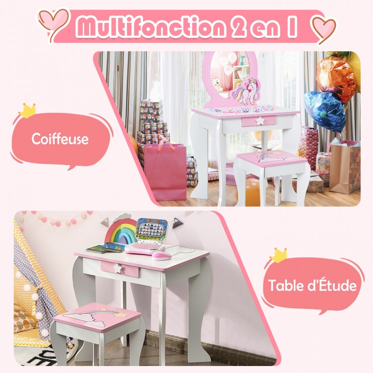 Kids wooden makeup dressing table and chair set with mirror, featuring a removable top and practical storage drawer.
