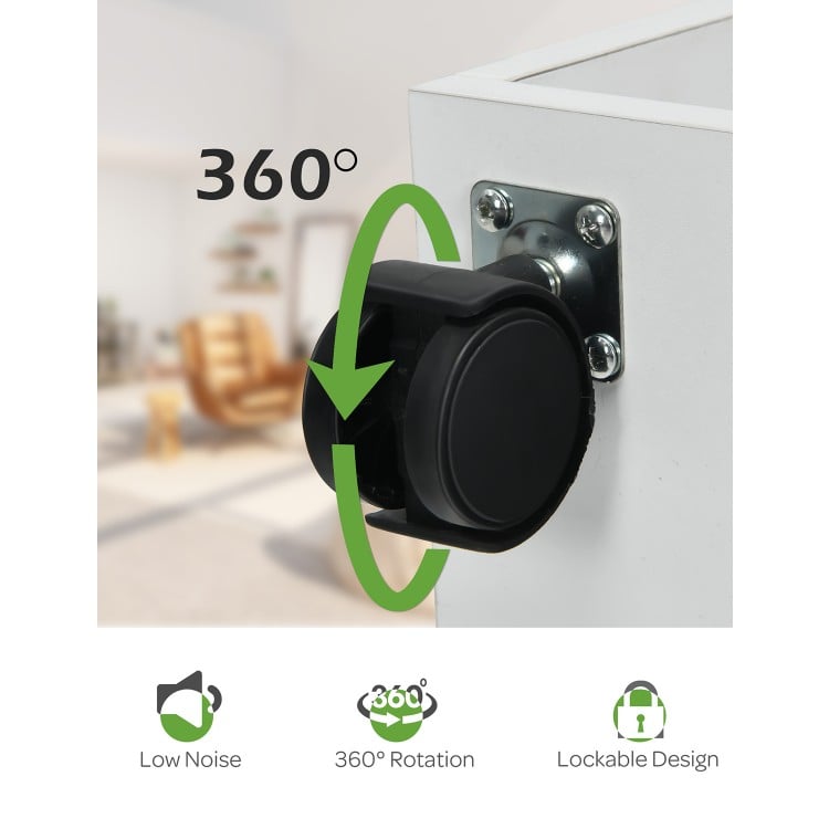 Close-up of a lockable rolling caster with 360° rotation for the Wooden Utility Rolling Craft Storage Cart in white.