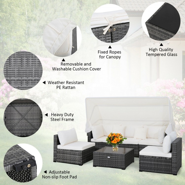 6-piece patio rattan furniture set with retractable canopy, featuring weather-resistant PE rattan and cushioned seating.